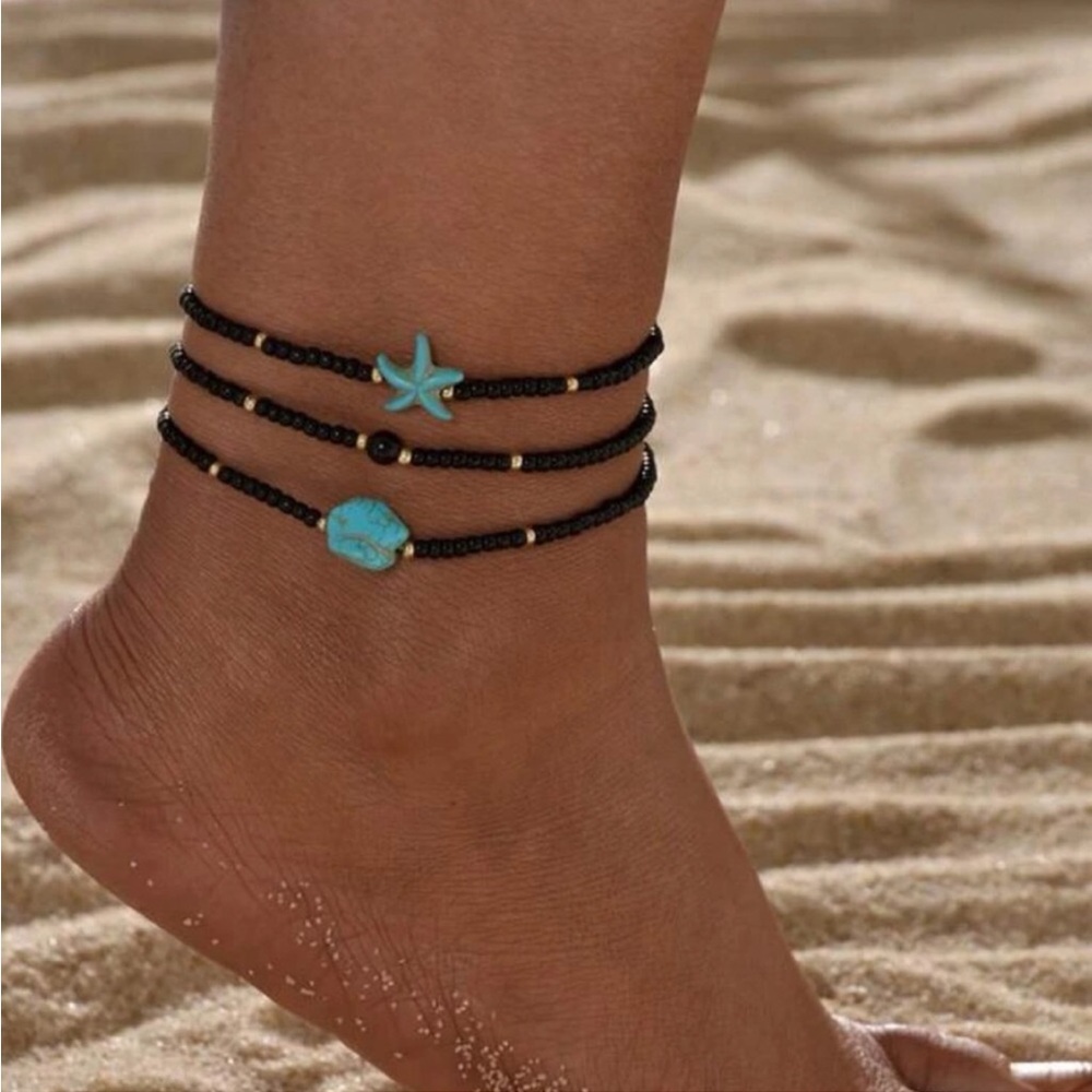 BLACK TURQUOISE STARFISH ANKLE BRACELET SET